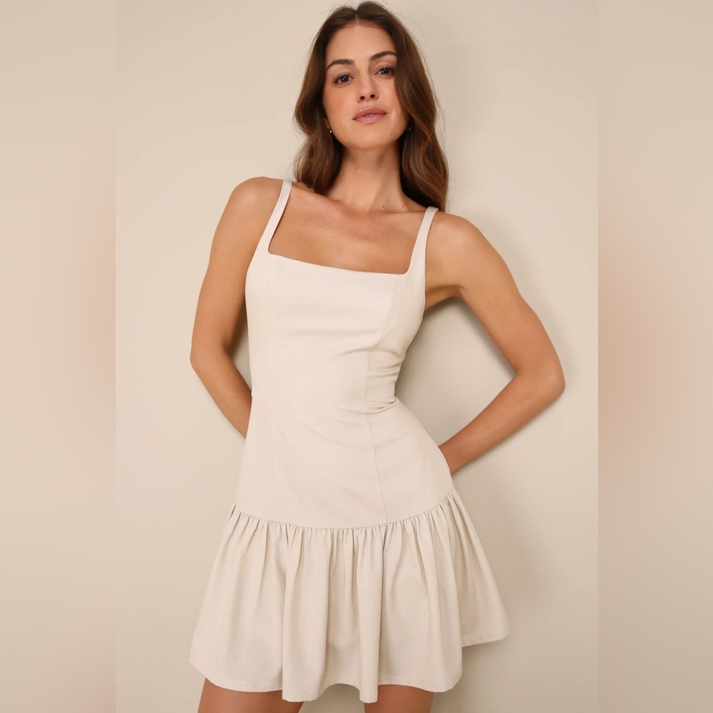Lulu's Cream Square Neck Ruffle-Hem Sundress